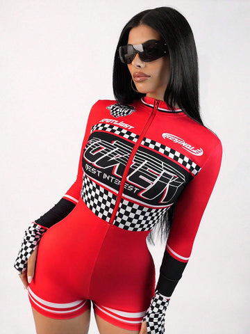 Y2k Rave Festival Outfits Romper With Motorcycle Pattern And Stand Collar