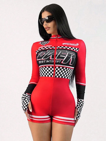 Y2k Rave Festival Outfits Romper With Motorcycle Pattern And Stand Collar