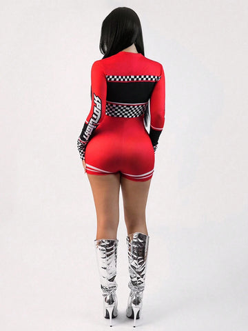 Y2k Rave Festival Outfits Romper With Motorcycle Pattern And Stand Collar