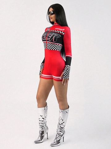 Y2k Rave Festival Outfits Romper With Motorcycle Pattern And Stand Collar