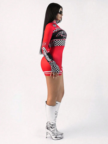 Y2k Rave Festival Outfits Romper With Motorcycle Pattern And Stand Collar