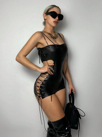 Y2k Sexy Black Side Cutout Cross Strap Thin Strap Pu Cami Mini Bodycon Jumpsuit Summer Street Going Out Clothing Music Festival Festival Outfits Country Concert Outfit