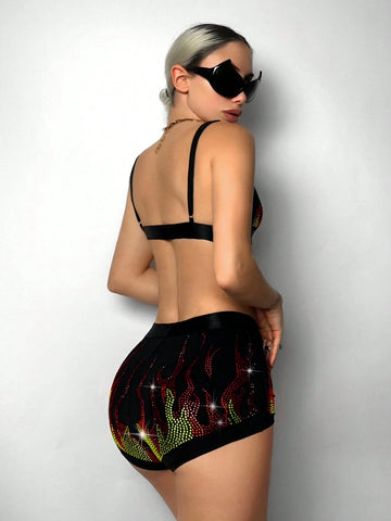 Y2k Slim-Fit Flame Rhinestone Triangle Cup Vest And Ultra-Short Shorts Two-Piece Suit,Summer Two Piece Outfits,Music Festival Festival Sets Outfits