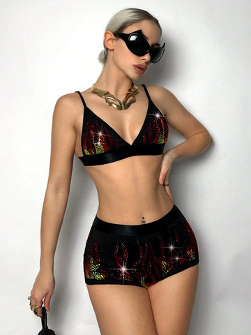 Y2k Slim-Fit Flame Rhinestone Triangle Cup Vest And Ultra-Short Shorts Two-Piece Suit,Summer Two Piece Outfits,Music Festival Festival Sets Outfits