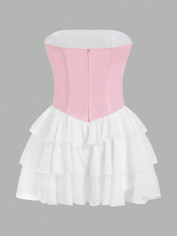 Y2k Slim-Fit Princess Style Glittery Material Patchwork Strapless Dress With Multi Layer Dress