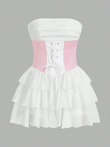 Y2k Slim-Fit Princess Style Glittery Material Patchwork Strapless Dress With Multi Layer Dress