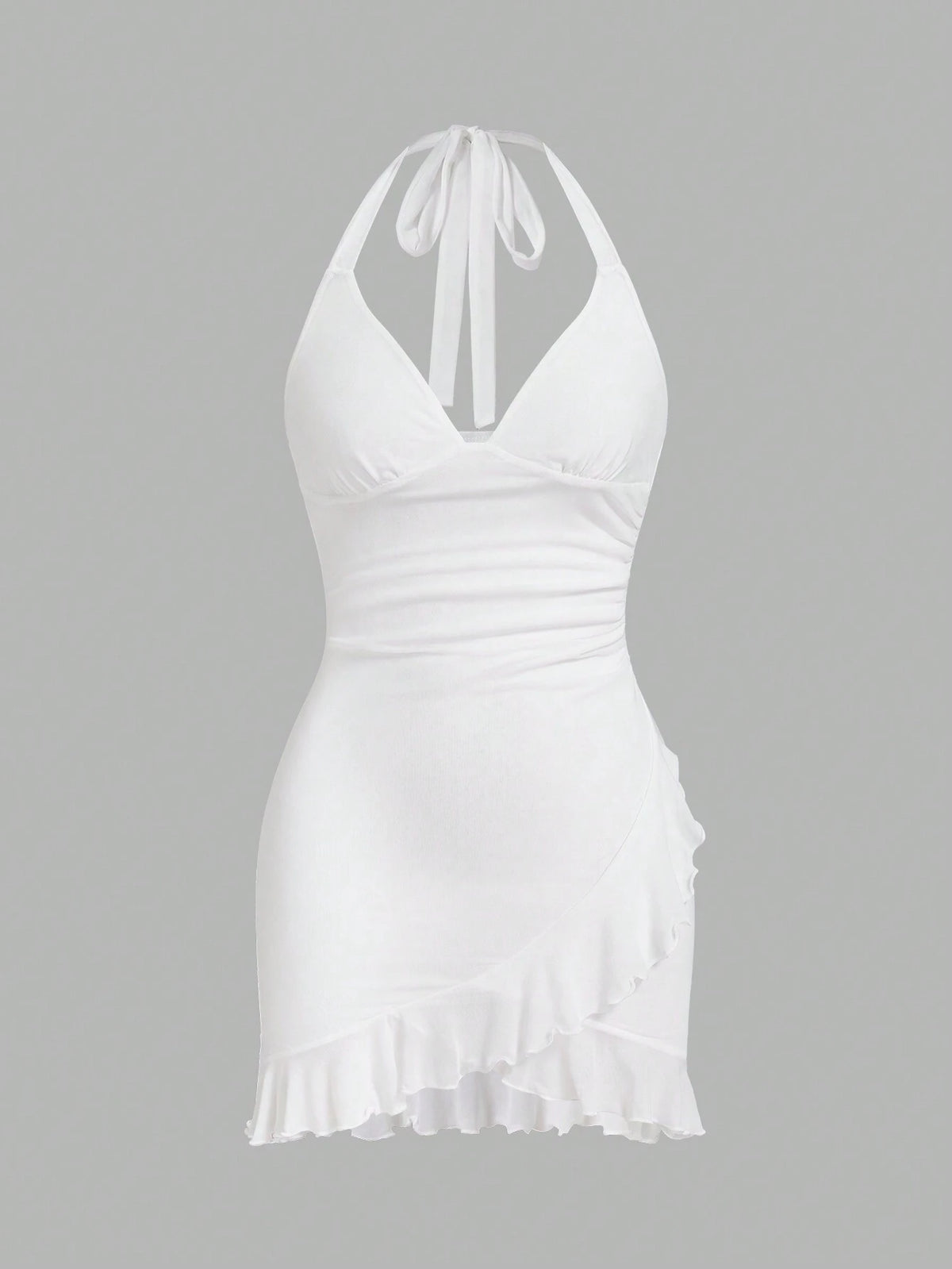 Y2k Summer Halter Neck Tie, Ruffle Edge, Sheer Mesh Wrap Mini Pink Dress