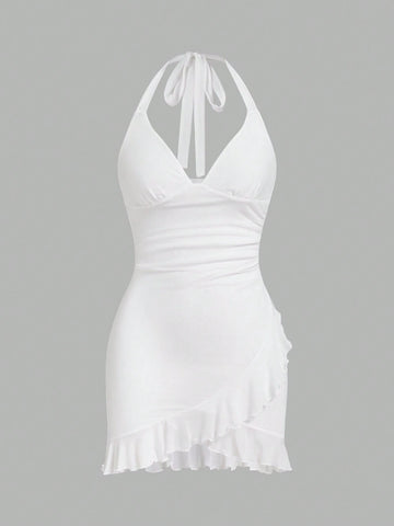 Y2k Summer Halter Neck Tie, Ruffle Edge, Sheer Mesh Wrap Mini Pink Dress