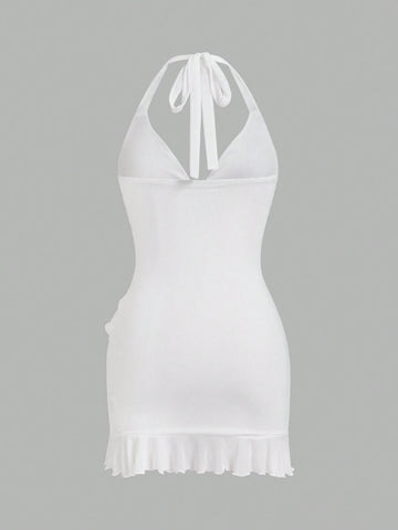 Y2k Summer Halter Neck Tie, Ruffle Edge, Sheer Mesh Wrap Mini Pink Dress