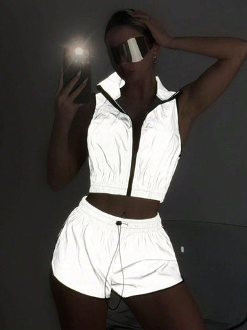 Y2k Summer Set Summer Shorts Reflective Woven Contrasting Edge Casual Two-Piece Set