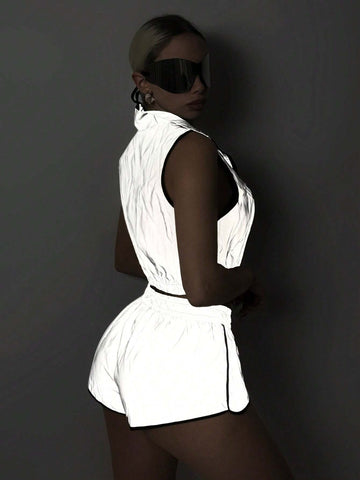 Y2k Summer Set Summer Shorts Reflective Woven Contrasting Edge Casual Two-Piece Set