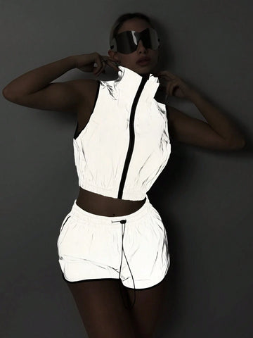 Y2k Summer Set Summer Shorts Reflective Woven Contrasting Edge Casual Two-Piece Set