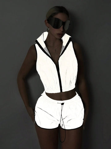 Y2k Summer Set Summer Shorts Reflective Woven Contrasting Edge Casual Two-Piece Set
