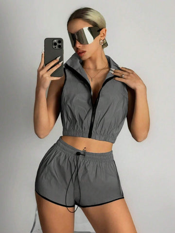 Y2k Summer Set Summer Shorts Reflective Woven Contrasting Edge Casual Two-Piece Set