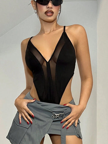 Y2k Summer Slim-Fit Sheer Mesh Patchwork Super High Slit Spaghetti Strap Black Bodysuit,Romper Tanks,Music Festival Festival Outfits,Country Concert Outfit