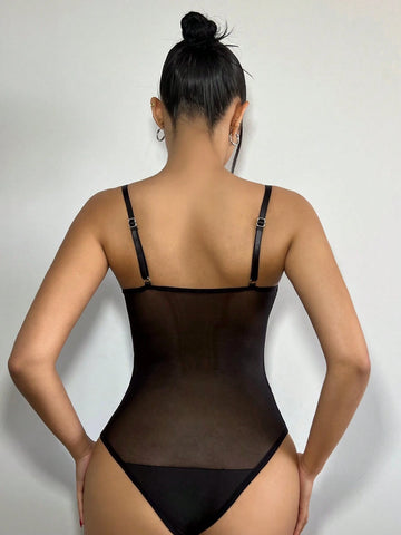 Y2k Summer Slim-Fit Sheer Mesh Patchwork Super High Slit Spaghetti Strap Black Bodysuit,Romper Tanks,Music Festival Festival Outfits,Country Concert Outfit