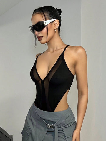 Y2k Summer Slim-Fit Sheer Mesh Patchwork Super High Slit Spaghetti Strap Black Bodysuit,Romper Tanks,Music Festival Festival Outfits,Country Concert Outfit