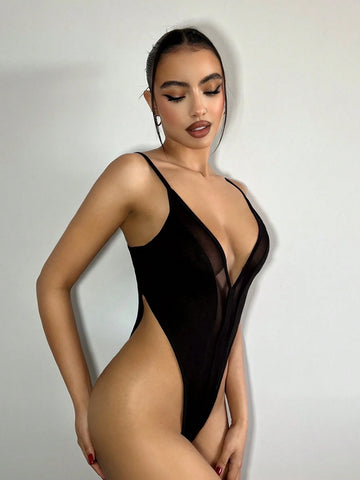 Y2k Summer Slim-Fit Sheer Mesh Patchwork Super High Slit Spaghetti Strap Black Bodysuit,Romper Tanks,Music Festival Festival Outfits,Country Concert Outfit