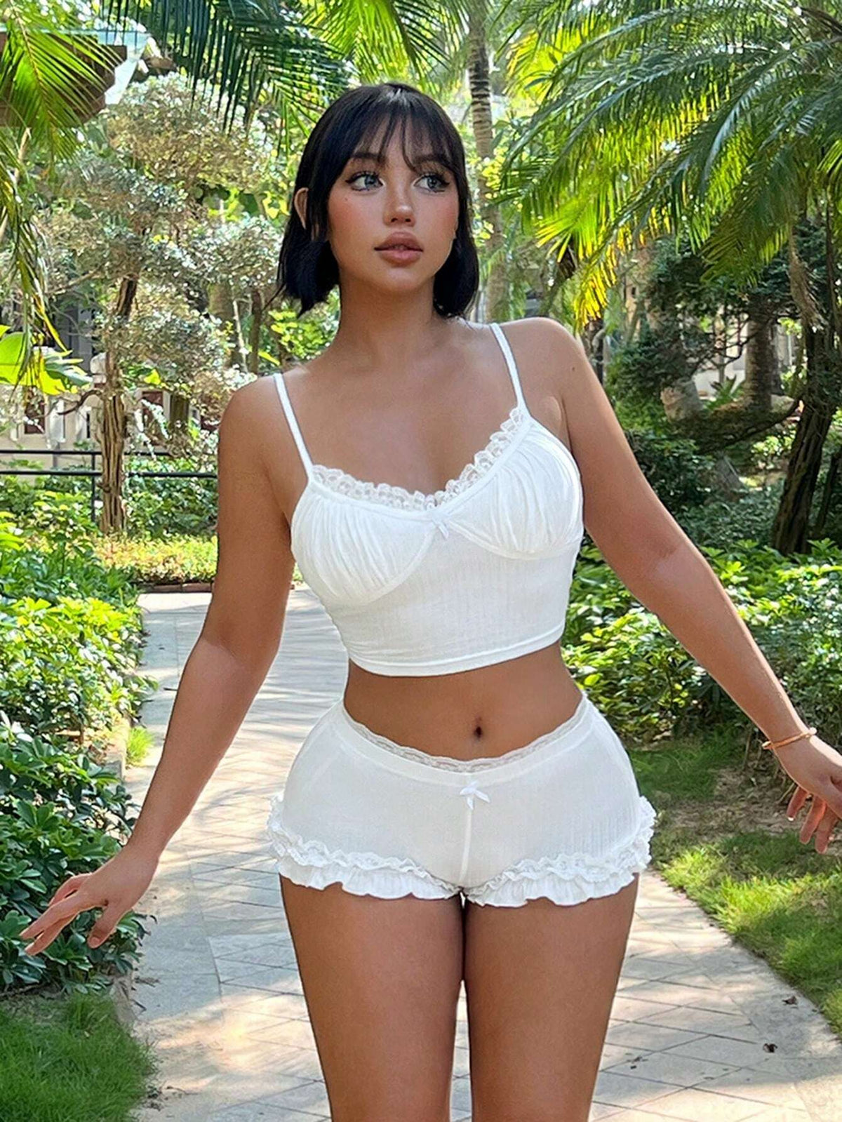 Y2k Summer Spring Outfits Lace Trimmed Ruched Bust Camisole Top And Bow Decorated Ultra Low-Rise Ruched Lace Hem Shorts, 2pcs/Set