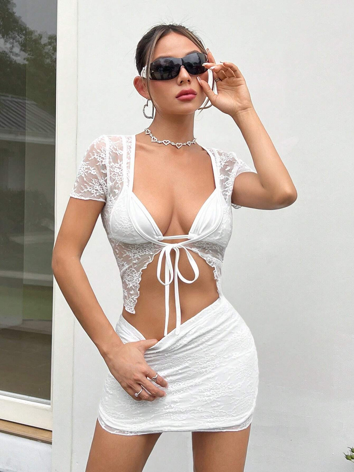 Y2k Summer Spring Outfits Summer Lace Strap See Through Crop Top And Bodycon Skirt White 3-Piece Set