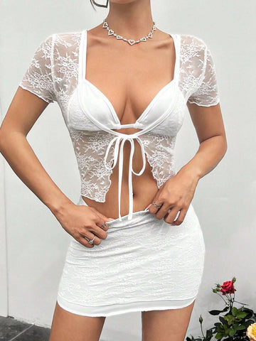 Y2k Summer Spring Outfits Summer Lace Strap See Through Crop Top And Bodycon Skirt White 3-Piece Set