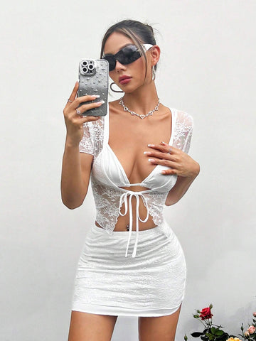 Y2k Summer Spring Outfits Summer Lace Strap See Through Crop Top And Bodycon Skirt White 3-Piece Set