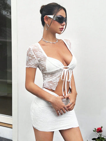 Y2k Summer Spring Outfits Summer Lace Strap See Through Crop Top And Bodycon Skirt White 3-Piece Set
