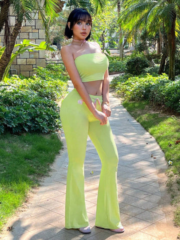 Y2k Summer Spring Outfits Vacation Outfits 90s Going Out Strapless Tight-Fitting Flared Pants Flower Embroidery Green Two-Piece Set