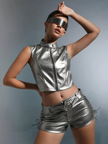 Zip Up Crop Vest Jacket & Lace Up Side Belted Shorts
