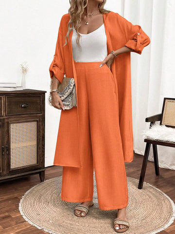 2pcs/Set Women Casual Button Long Sleeve Top And Long Pants