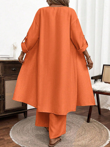 2pcs/Set Women Casual Button Long Sleeve Top And Long Pants