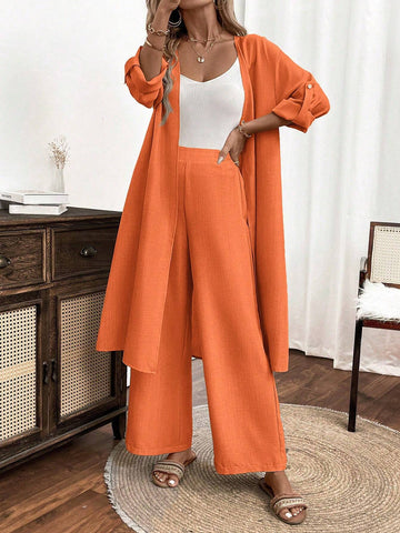 2pcs/Set Women Casual Button Long Sleeve Top And Long Pants