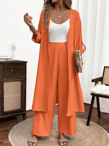 2pcs/Set Women Casual Button Long Sleeve Top And Long Pants
