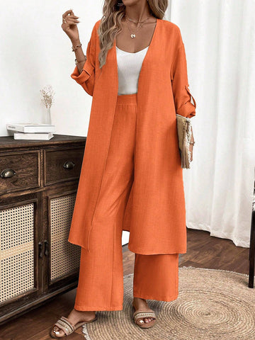 2pcs/Set Women Casual Button Long Sleeve Top And Long Pants