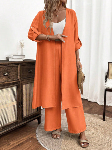 2pcs/Set Women Casual Button Long Sleeve Top And Long Pants