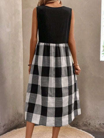 Comfortable Cotton And Linen Checkered Artistic Vintage Patchwork Sleeveless Casual Dress