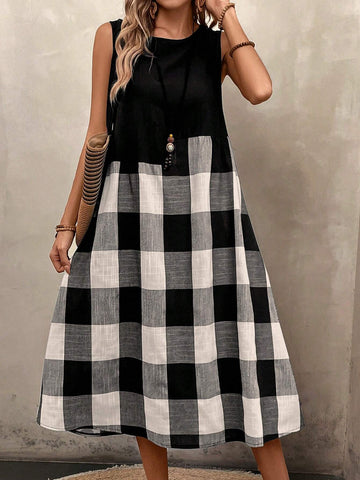 Comfortable Cotton And Linen Checkered Artistic Vintage Patchwork Sleeveless Casual Dress