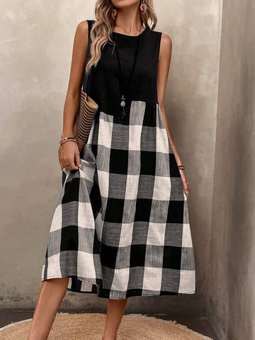 Comfortable Cotton And Linen Checkered Artistic Vintage Patchwork Sleeveless Casual Dress