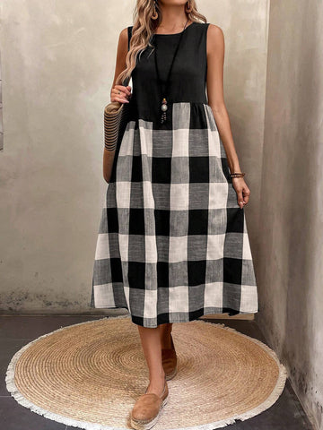 Comfortable Cotton And Linen Checkered Artistic Vintage Patchwork Sleeveless Casual Dress