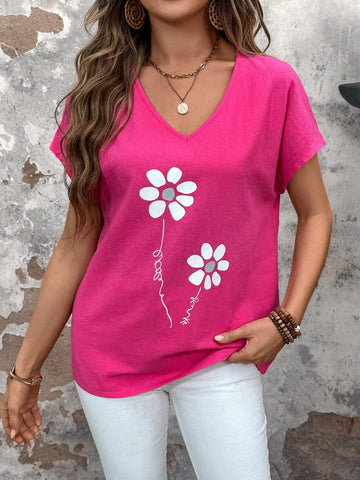 JORESS Summer Loose-Fit Women Short-Sleeved Shirt With Floral Print In Pink