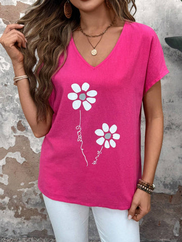 JORESS Summer Loose-Fit Women Short-Sleeved Shirt With Floral Print In Pink