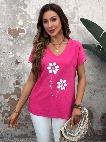 JORESS Summer Loose-Fit Women Short-Sleeved Shirt With Floral Print In Pink