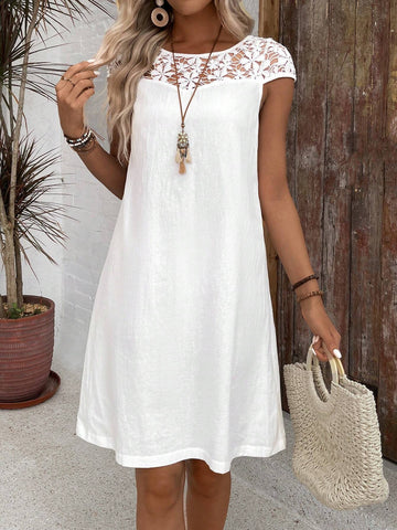 Women\ Patchwork Lace Solid Color Casual Dress Summer Casual White Bodycon Dress Cotton Dress