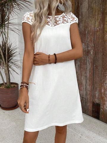 Women\ Patchwork Lace Solid Color Casual Dress Summer Casual White Bodycon Dress Cotton Dress