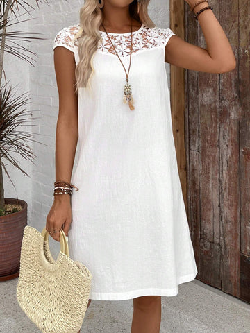 Women\ Patchwork Lace Solid Color Casual Dress Summer Casual White Bodycon Dress Cotton Dress