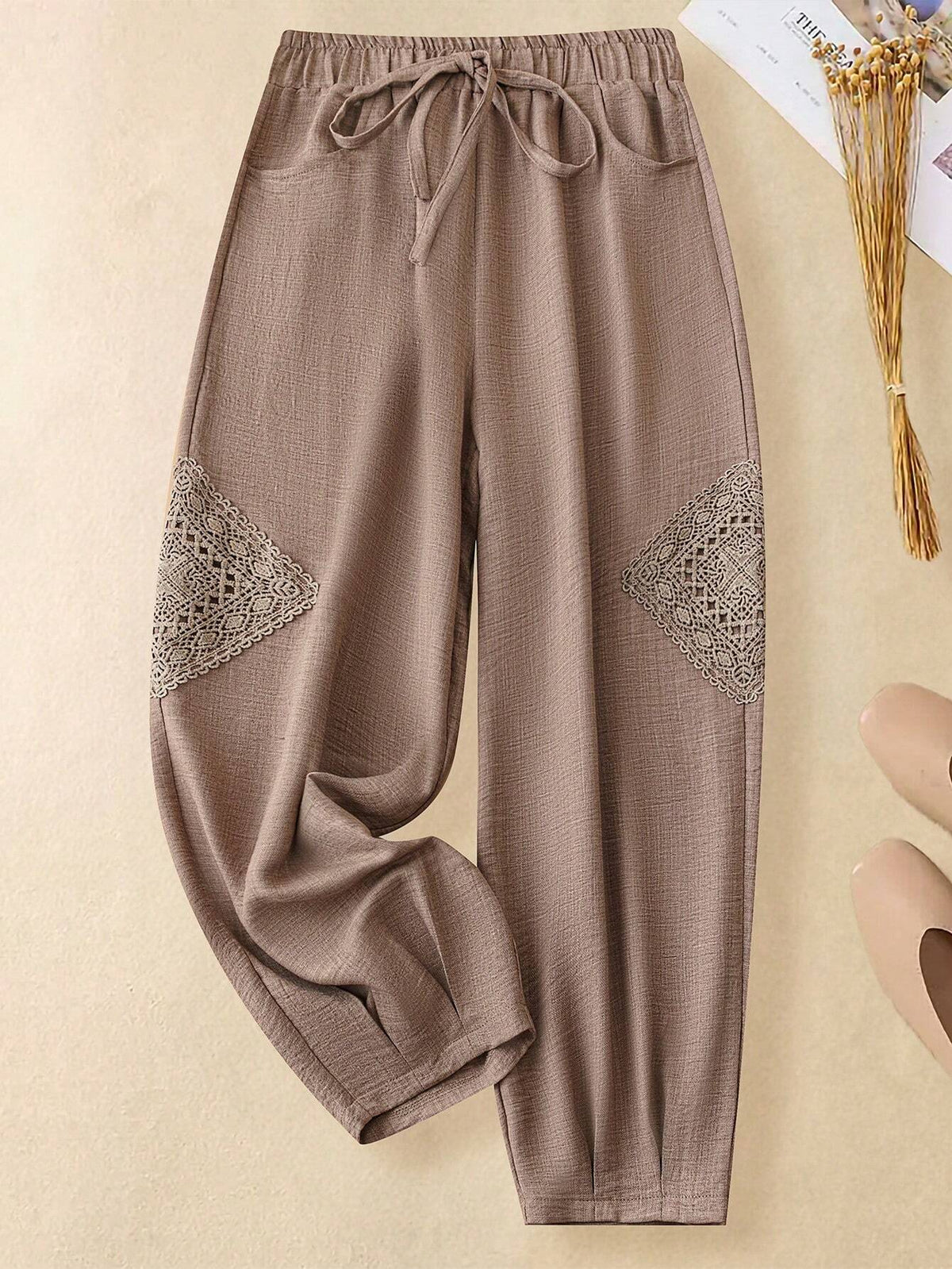 JORESS Women's Holiday Casual Contrast Color Lace Patchwork Long Pants