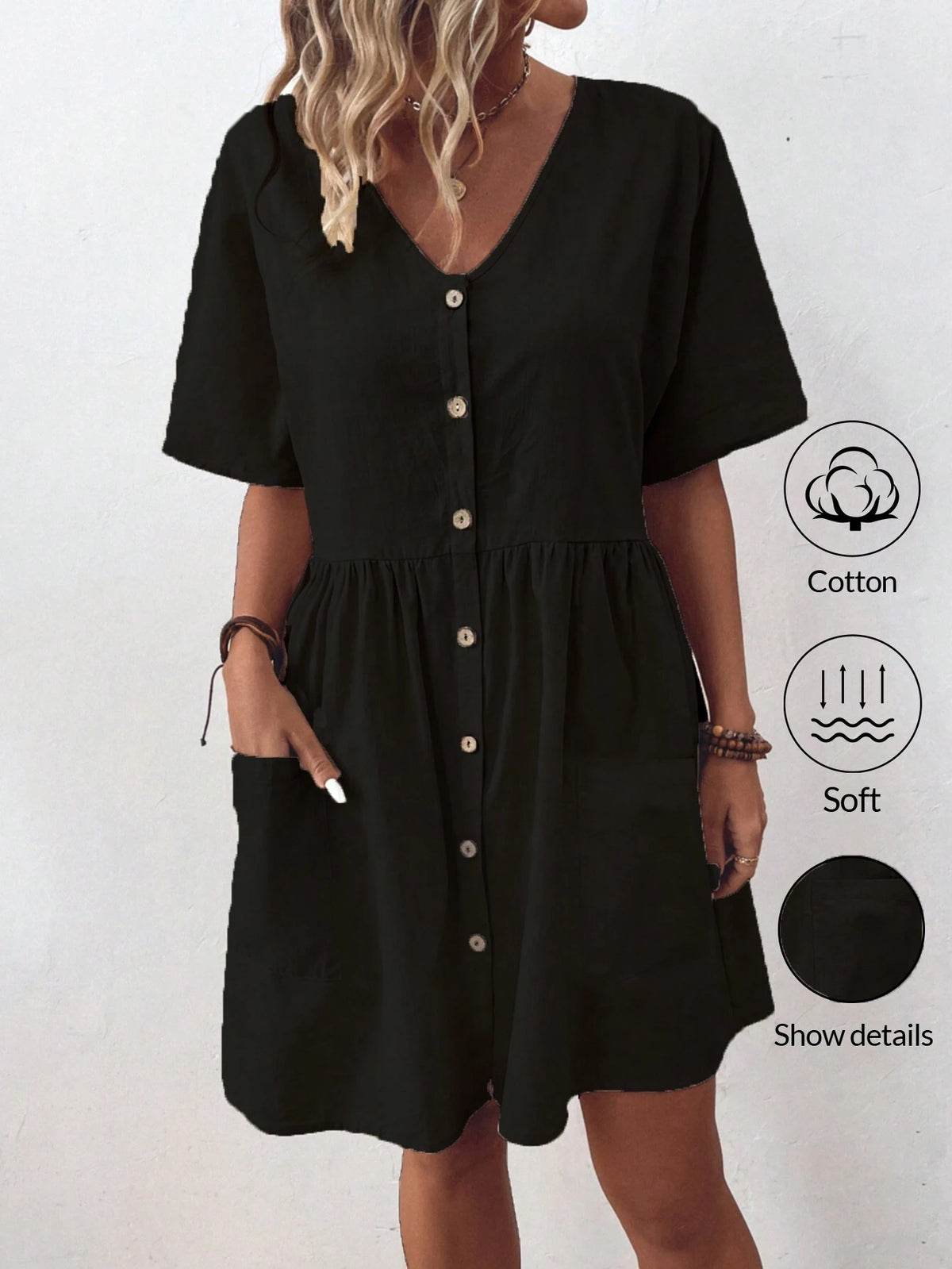Women's Single Breasted Round Neck Solid Color Summer Dress