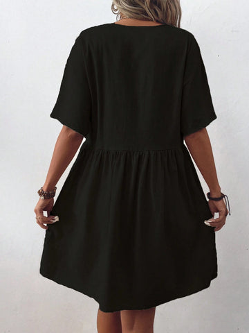 Women's Single Breasted Round Neck Solid Color Summer Dress