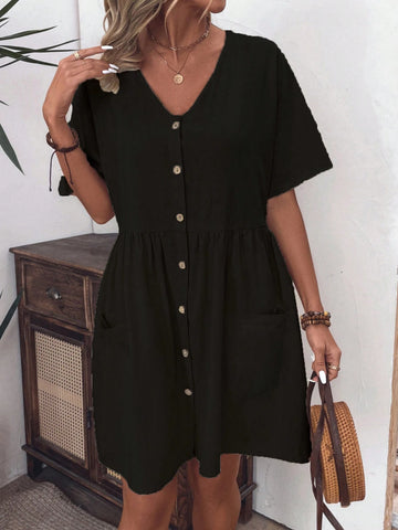 Women's Single Breasted Round Neck Solid Color Summer Dress