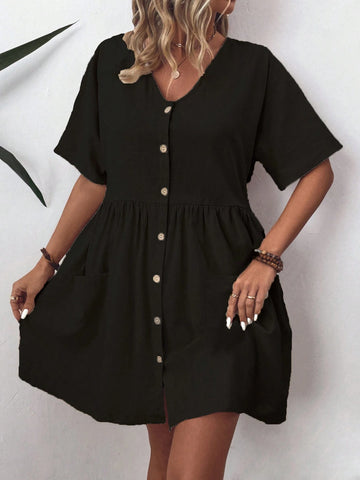 Women's Single Breasted Round Neck Solid Color Summer Dress